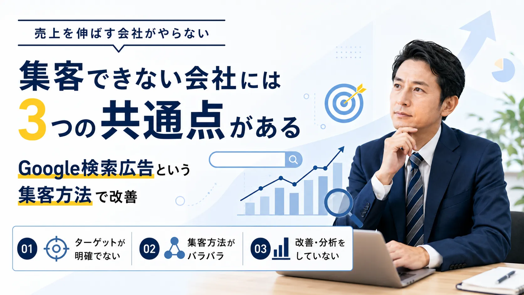 集客できない会社には3つの共通点がある｜Google検索広告という集客方法で解決のアイキャッチ画像