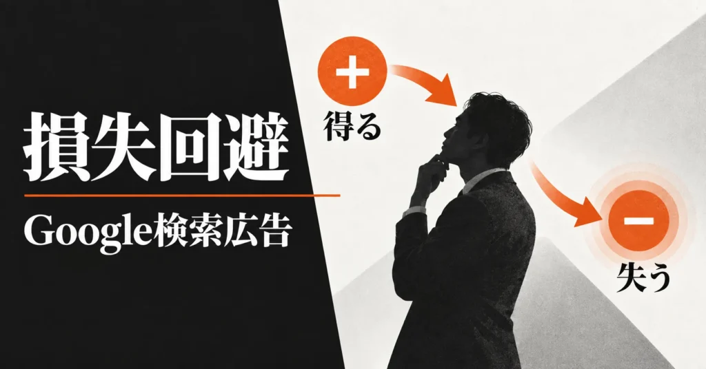 得る方向と失う方向の矢印に囲まれた人物で、損失回避とGoogle検索広告のテーマを表した画像