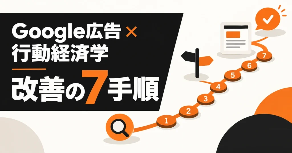 検索を示す虫眼鏡からLPと問い合わせへ、7つの番号を付けた道で改善手順を表した画像